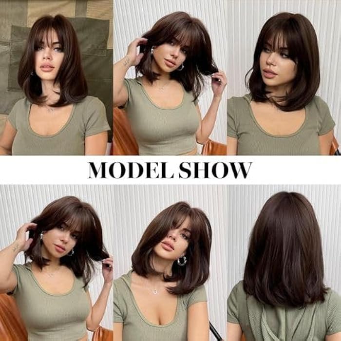 DILLARDS Medium Length Bob Wig With Bangs, Dark Brown Synthetic Hair, Shoulder Length Layered Cut - Image 3
